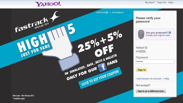 Yahoo Homepage Yahoo Mail Home displays Full page Fastrack Ad [Desperation?]