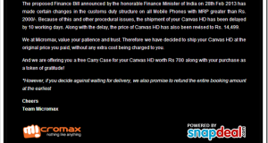 Micromax A116 Canvas HD Shipping Delayed, Prices Hiked!