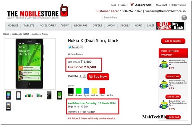 The Mobile Store Nokia X listing