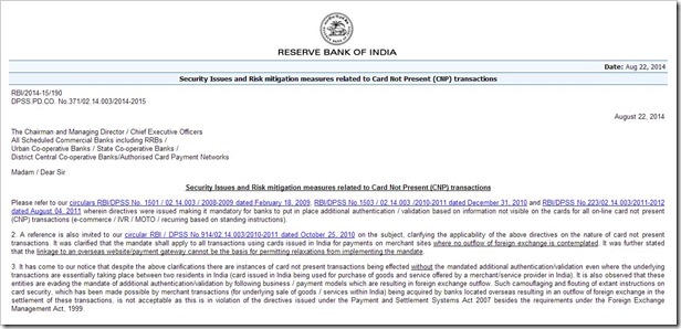 Reserve Bank of India CNP transactions