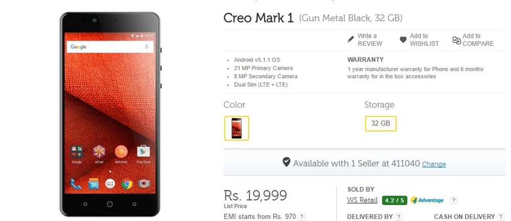 CREO Mark 1 Now Available on Flipkart For Rs. 19,999
