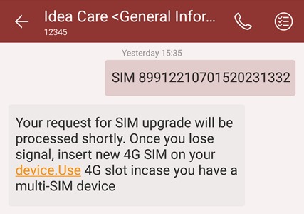 Idea Cellular 4G Sim Confirmation message