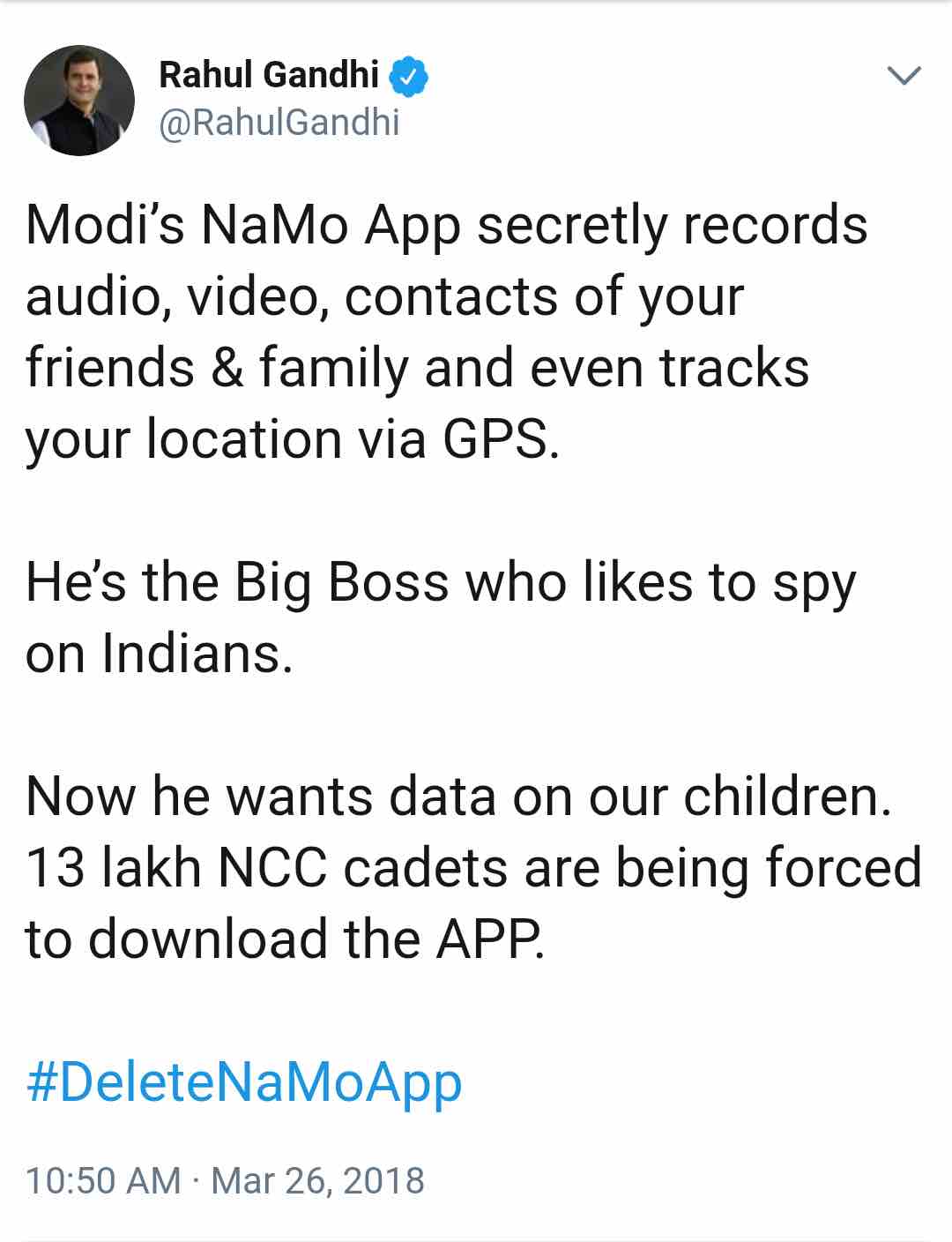 Rahul Gandhi's Tweet: #DeleteNaMoApp