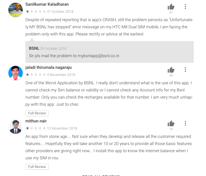 BSNL app negative reviews