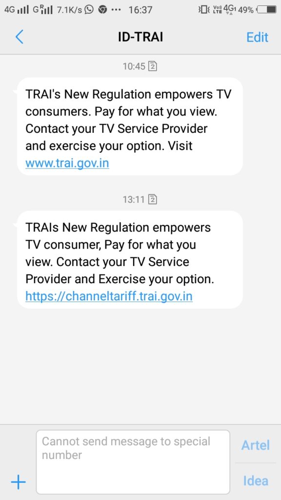 TRAI's SMS Campaign for new Cable TV Rules