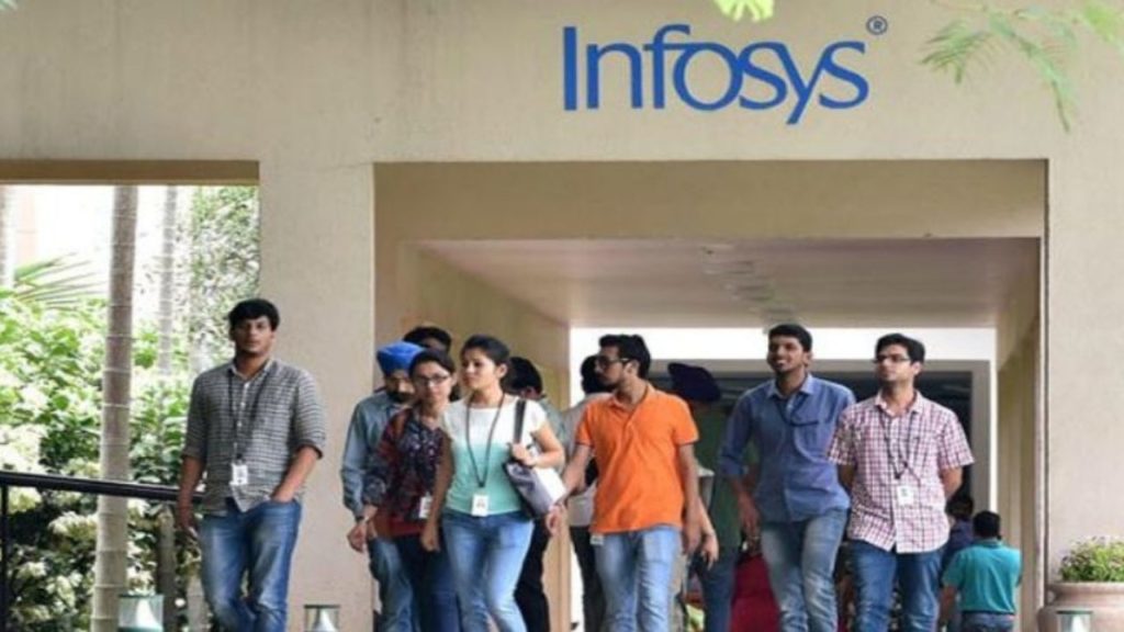 Employees exiting an Infosys building