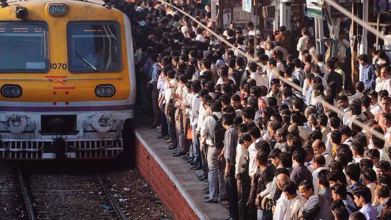A crowded Mumbai railway station during rush hour