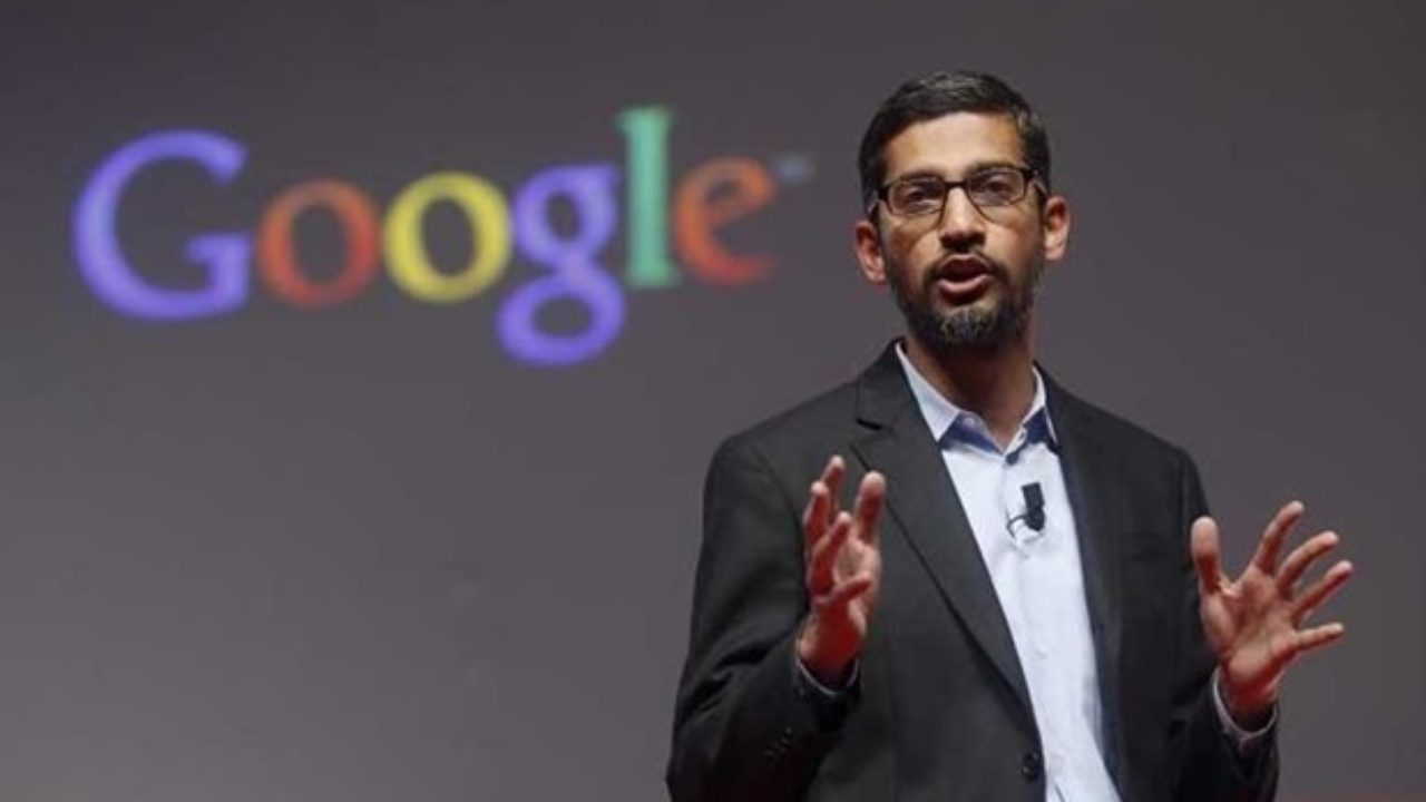 Alphabet CEO Sundar Pichai speaking at a Google event