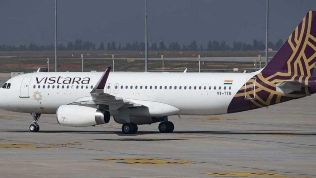A Vistara airline-branded airplane on tarmac
