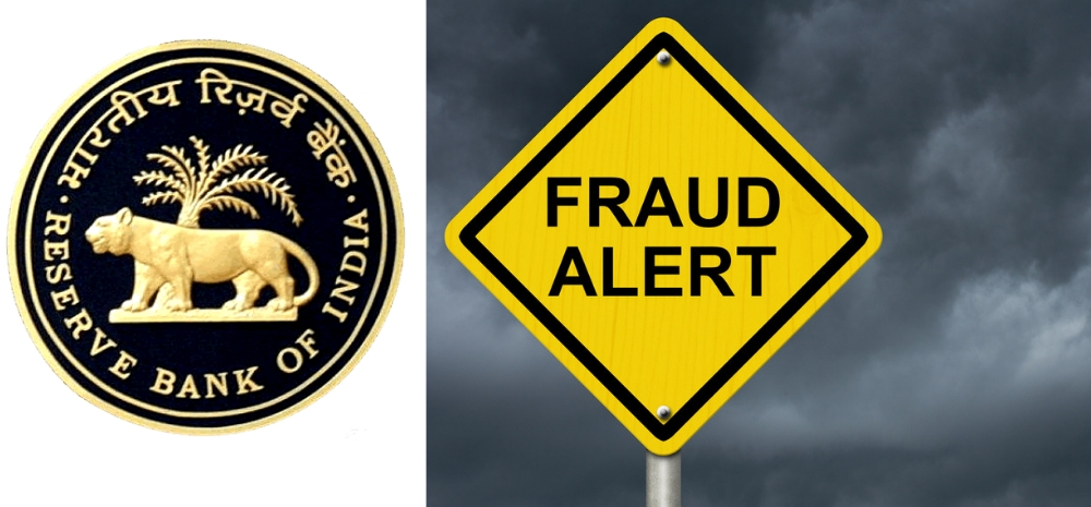 RBI emblem and yellow sign reading FRAUD ALERT side by side