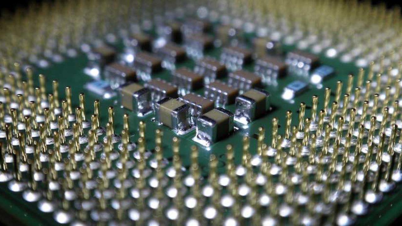Magnified view of an Intel chip