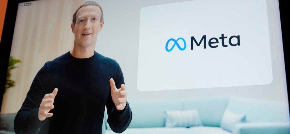 Mark Zuckerberg at a virtual event unveiling Meta's name and logo
