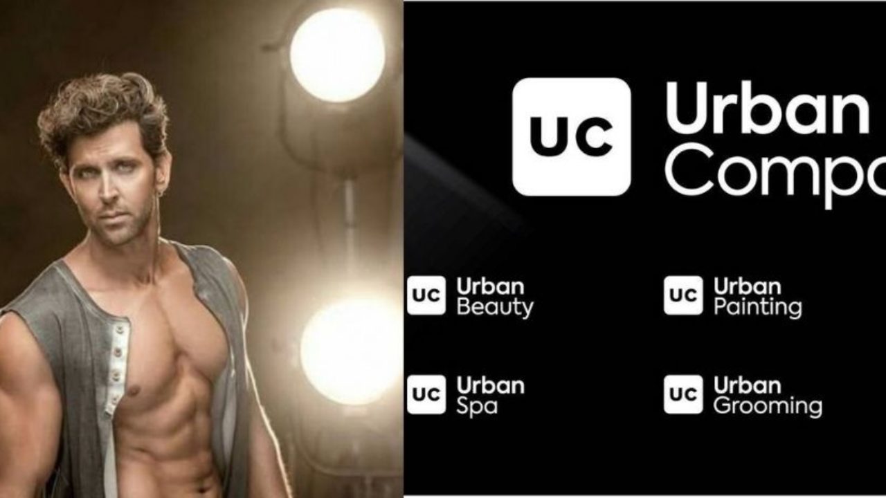 Urban Company ambassador Hrithik Roshan on the left and company logo and listed services on the right